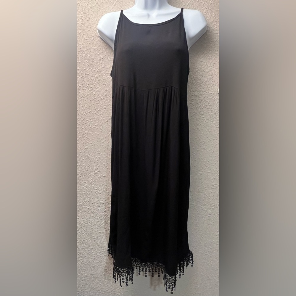 Black Embroidered Hem Slip Dress – Y2K Minimalist Chic | Spaghetti Strap Midi